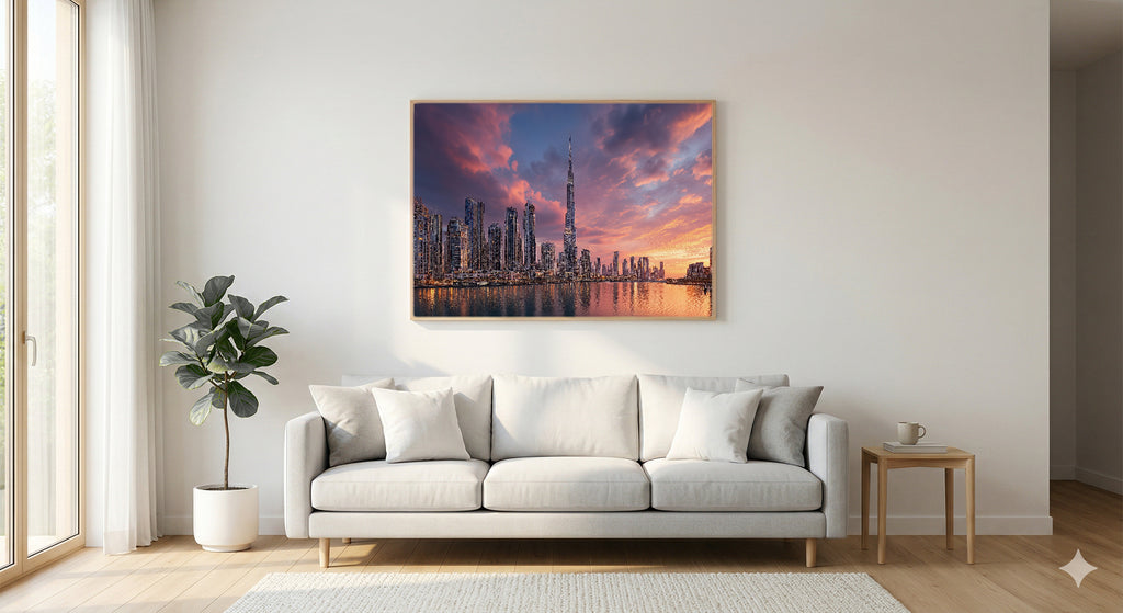 Dubai Skyline Canvas Wall Art | Gold City Print, Modern Architecture, Urban Decor, Stretched Canvas — dubai skyline gold bedroom wall art