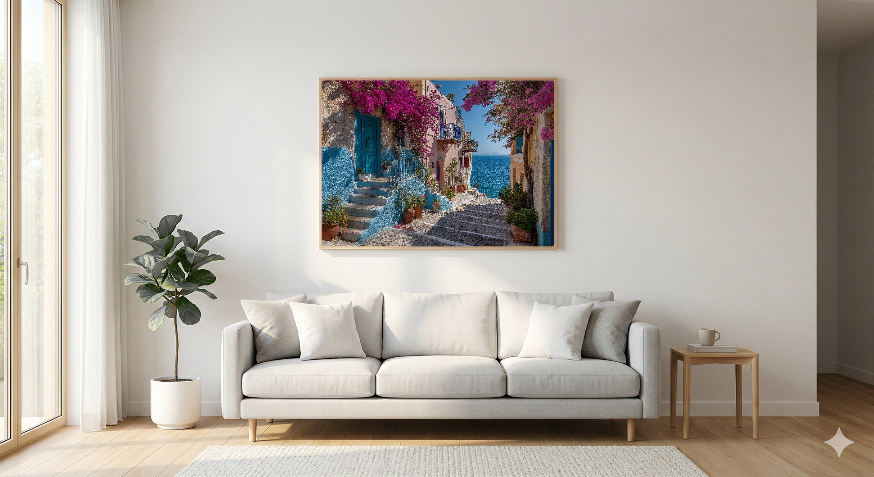 Greek Island Canvas Wall Art | Blue White Steps Print, Mediterranean Village, Coastal Decor, Stretched Canvas — greek island steps bedroom wall art