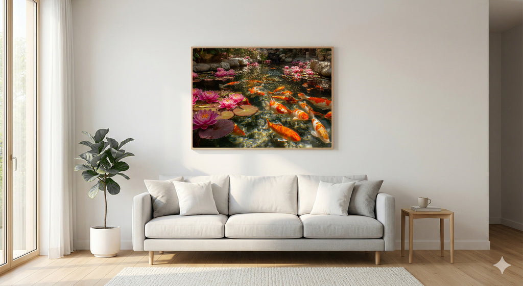 Koi Pond Canvas Wall Art | Lotus Flower Print, Japanese Water Garden, Zen Decor, Stretched Canvas — koi pond lotus bedroom wall art