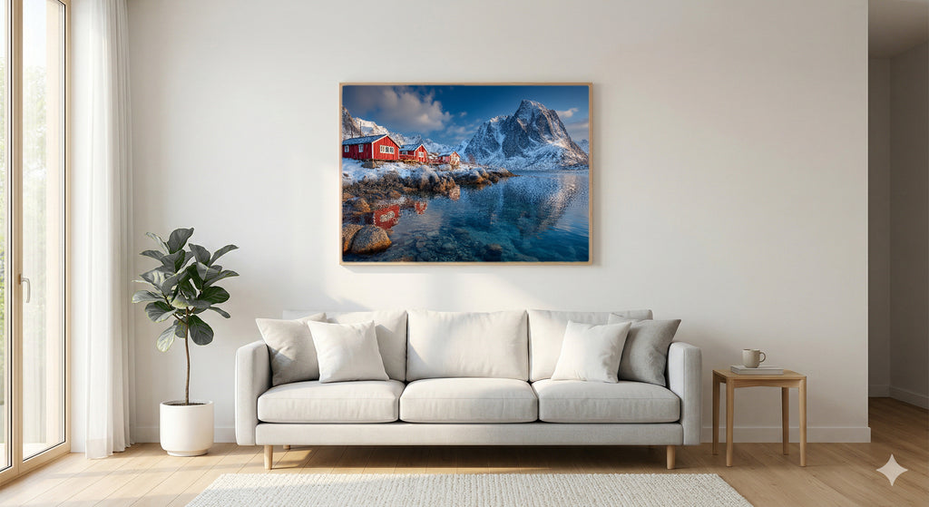 Lofoten Islands Canvas Wall Art | Norway Fishing Village Print, Arctic Coast, Nordic Decor, Stretched Canvas — northern norway lofoten bedroom wall art