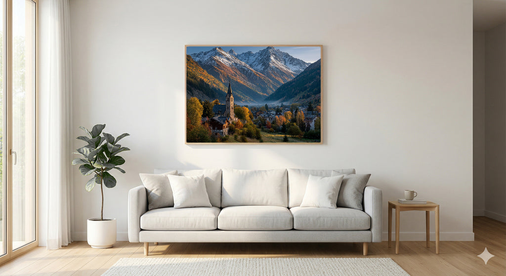 Swiss Village Canvas Wall Art | Autumn Alps Print, Mountain Town, European Decor, Stretched Canvas — swiss village autumn bedroom wall art