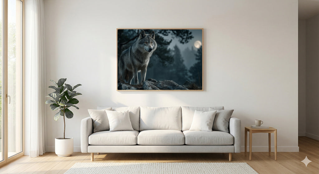 Wolf Canvas Wall Art | Moonlight Wildlife Print, Night Forest, Nature Decor, Stretched Canvas — wolf moonlight bedroom wall art