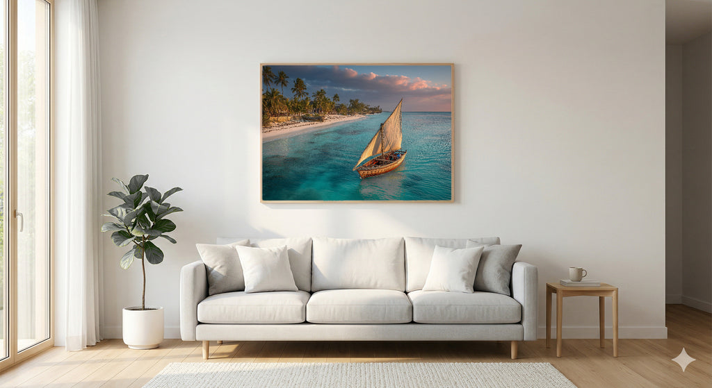 Zanzibar Beach Canvas Wall Art | Dhow Boat Print, African Coast, Tropical Decor, Stretched Canvas — zanzibar beach dhow bedroom wall art