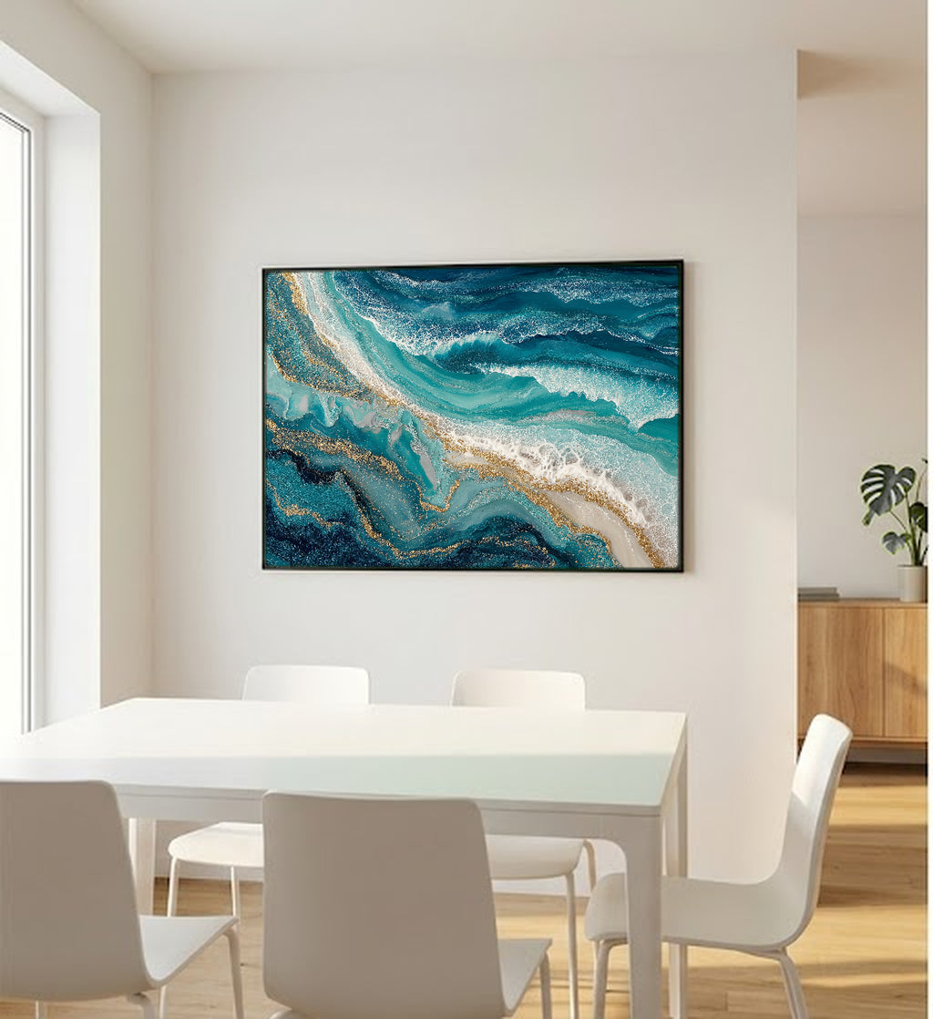 Abstract Teal Wave Canvas Wall Art | Ocean Fluid Print, Modern Coastal, Contemporary Decor, Stretched Canvas — abstract wave teal office wall art