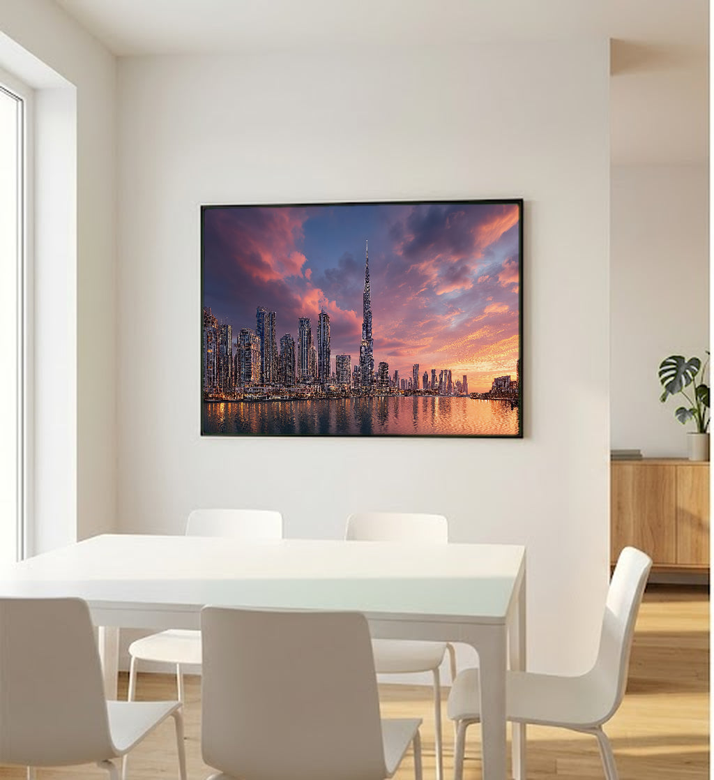 Dubai Skyline Canvas Wall Art | Gold City Print, Modern Architecture, Urban Decor, Stretched Canvas — dubai skyline gold office wall art