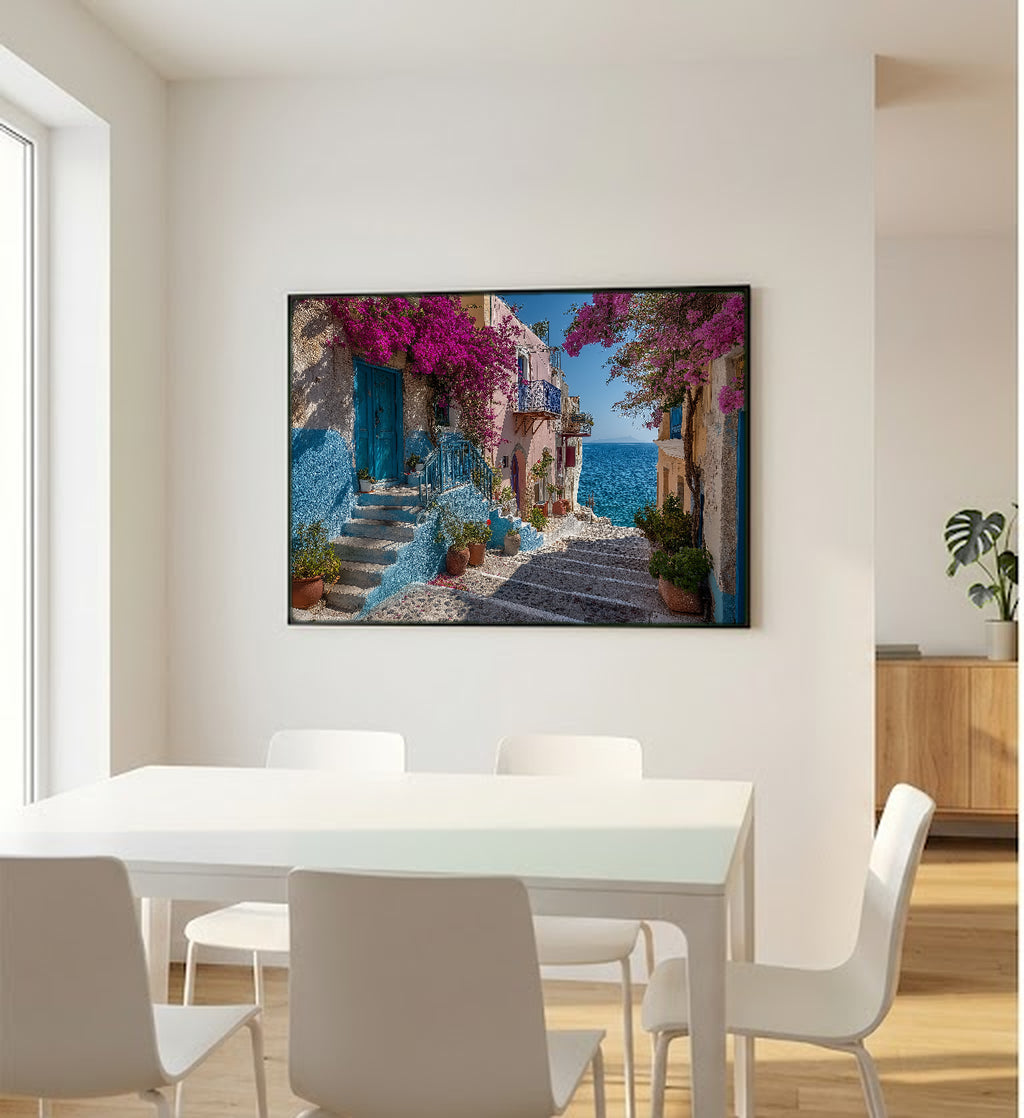 Greek Island Canvas Wall Art | Blue White Steps Print, Mediterranean Village, Coastal Decor, Stretched Canvas — greek island steps office wall art