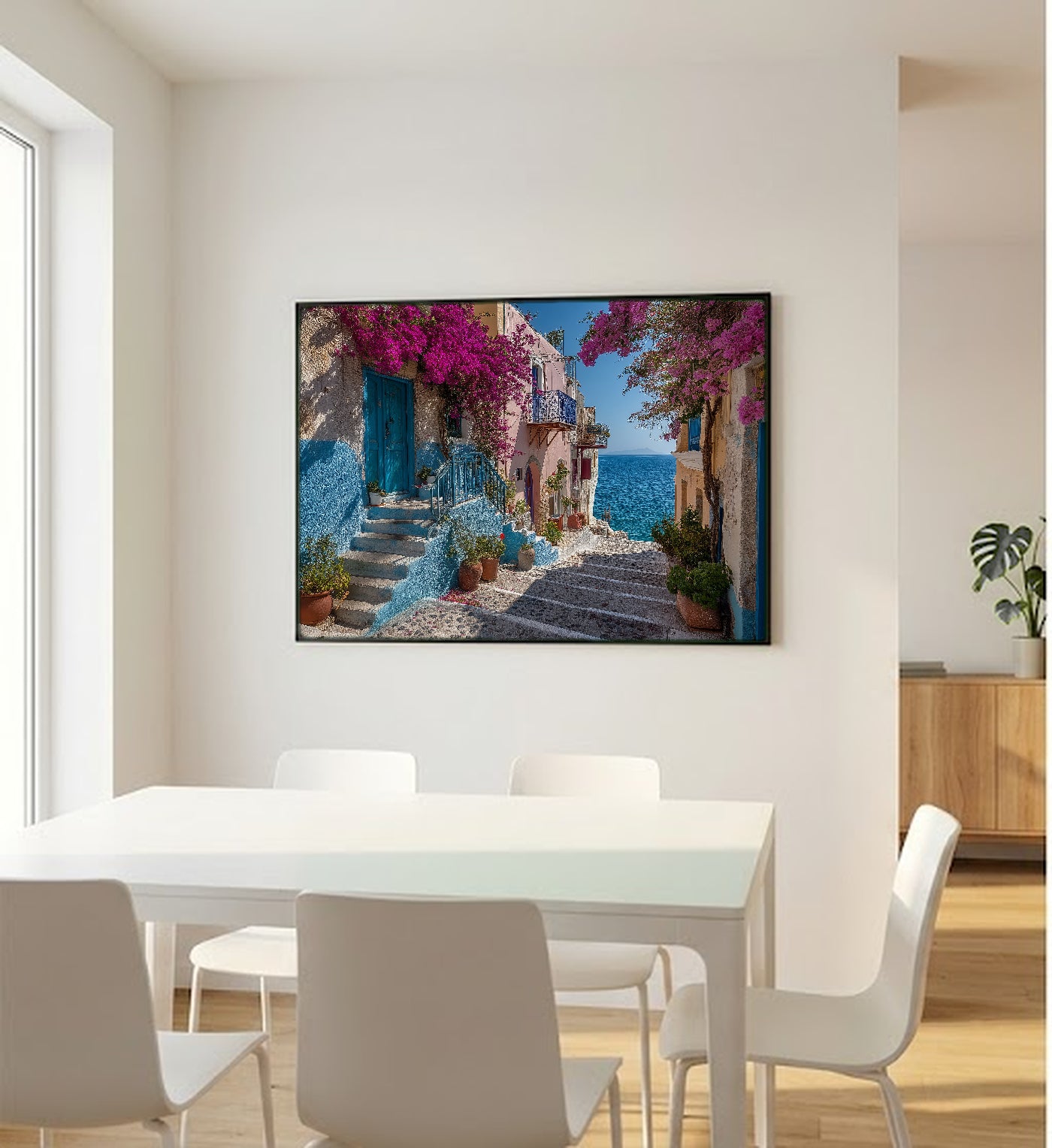 Greek Island Canvas Wall Art | Blue White Steps Print, Mediterranean Village, Coastal Decor, Stretched Canvas — greek island steps office wall art