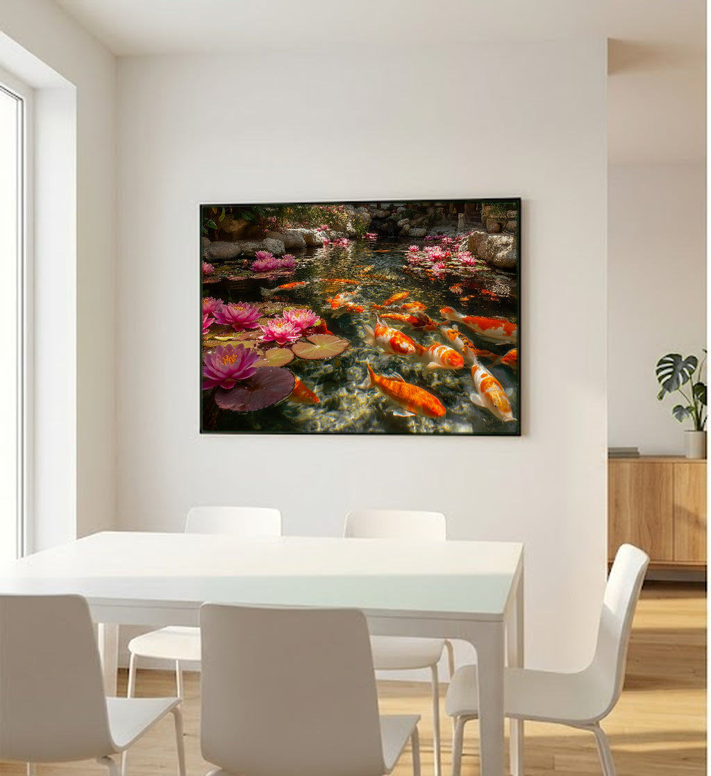 Koi Pond Canvas Wall Art | Lotus Flower Print, Japanese Water Garden, Zen Decor, Stretched Canvas — koi pond lotus office wall art
