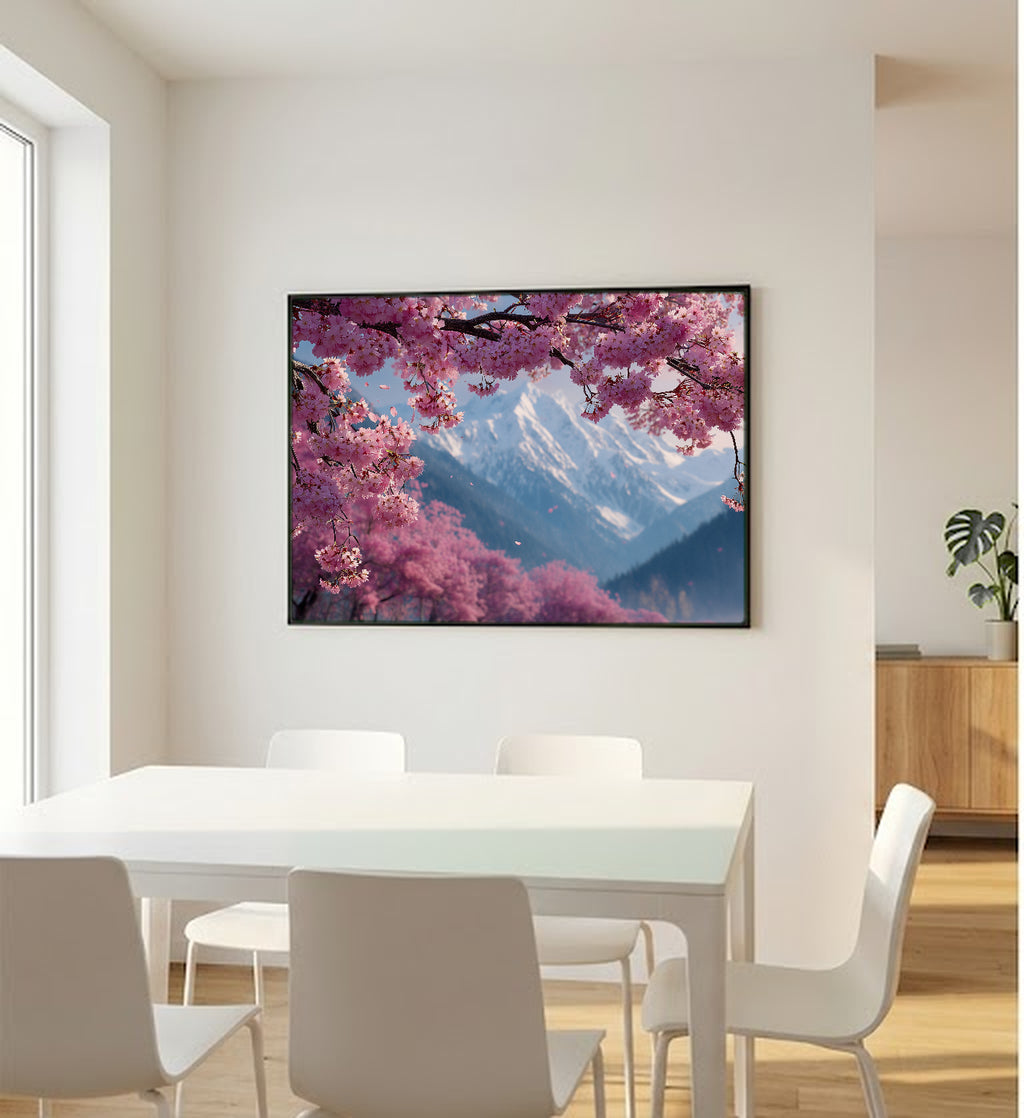 Cherry Mountain Canvas Wall Art | Pink Blossom Print, Spring Landscape, Floral Decor, Stretched Canvas — pink cherry mountain office wall art