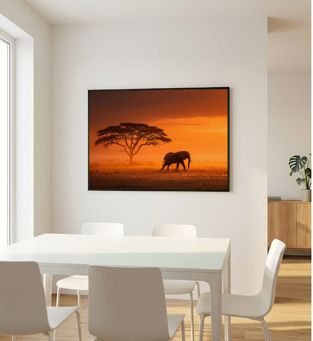 Elephant Safari Canvas Wall Art | African Sunset Print, Wildlife Photography, Nature Decor, Stretched Canvas — safari elephant sunset office wall art