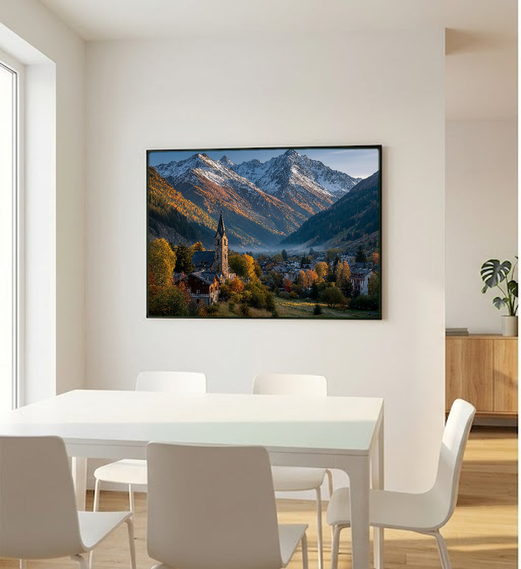 Swiss Village Canvas Wall Art | Autumn Alps Print, Mountain Town, European Decor, Stretched Canvas — swiss village autumn office wall art