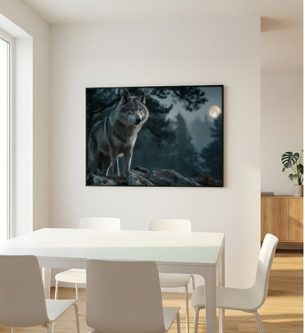 Wolf Canvas Wall Art | Moonlight Wildlife Print, Night Forest, Nature Decor, Stretched Canvas — wolf moonlight office wall art