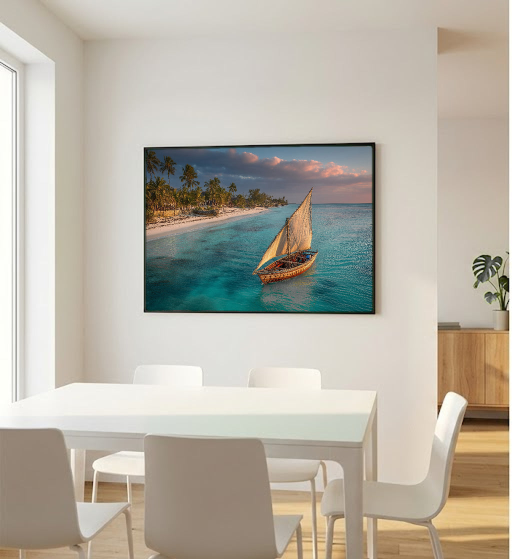 Zanzibar Beach Canvas Wall Art | Dhow Boat Print, African Coast, Tropical Decor, Stretched Canvas — zanzibar beach dhow office wall art