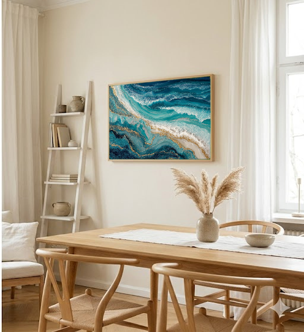 Abstract Teal Wave Canvas Wall Art | Ocean Fluid Print, Modern Coastal, Contemporary Decor, Stretched Canvas — abstract wave teal hallway wall art