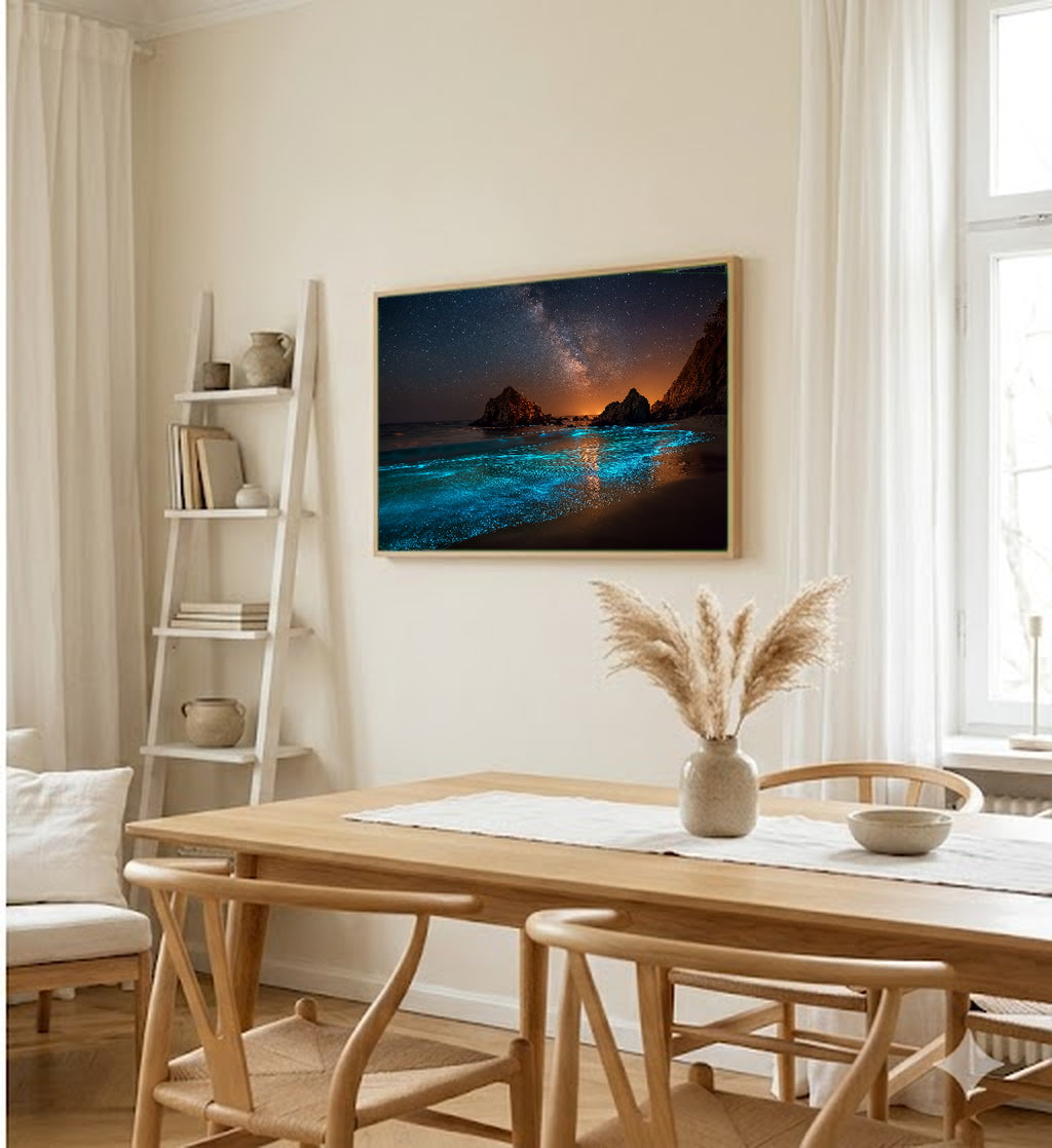 Bioluminescent Waves Canvas Wall Art | Glowing Ocean Print, Night Beach, Magical Decor, Stretched Canvas — bioluminescent waves hallway wall art