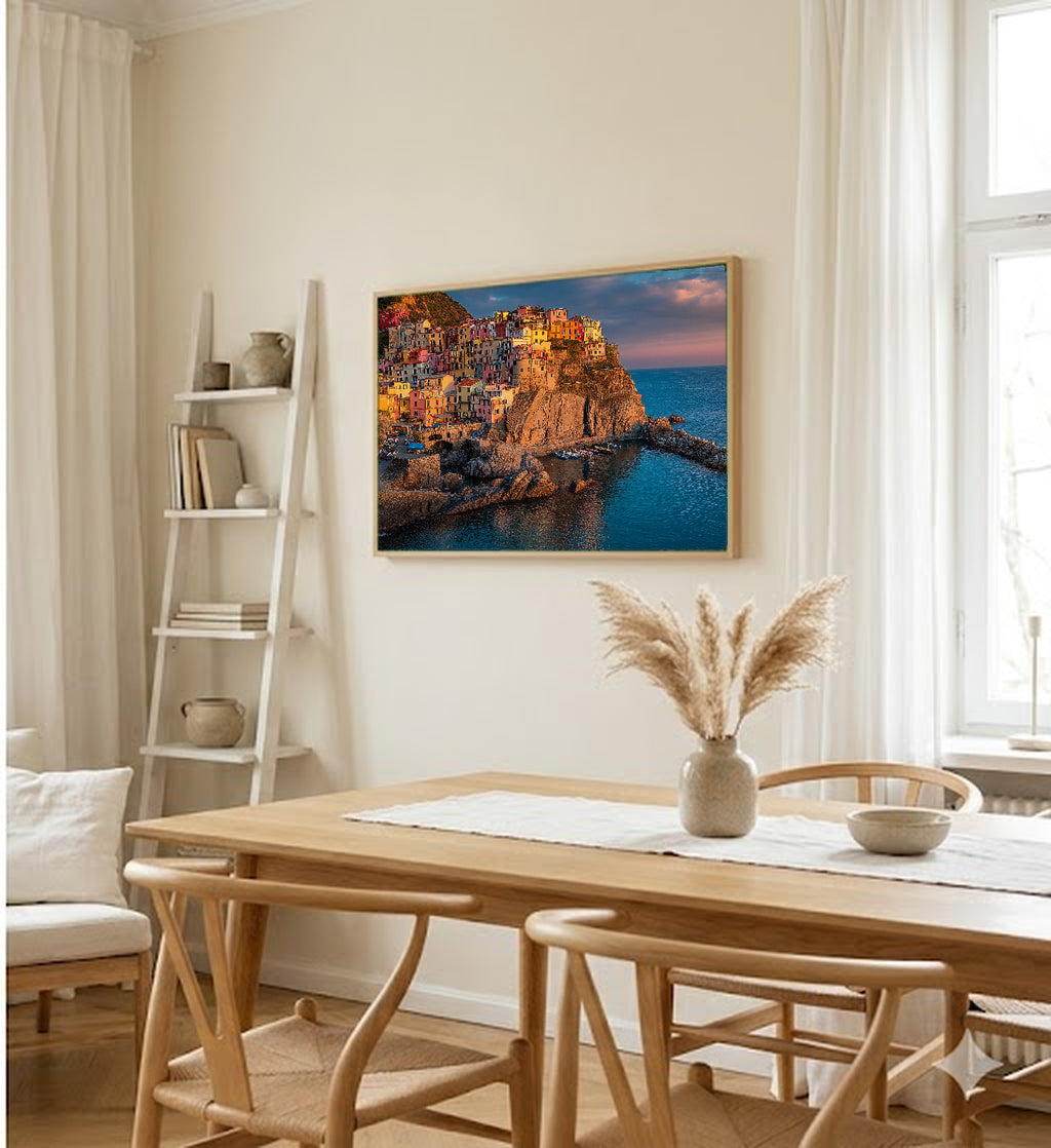 Cinque Terre Canvas Wall Art | Italian Coast Print, Colorful Village, Mediterranean Decor, Stretched Canvas — cinque terre coast hallway wall art