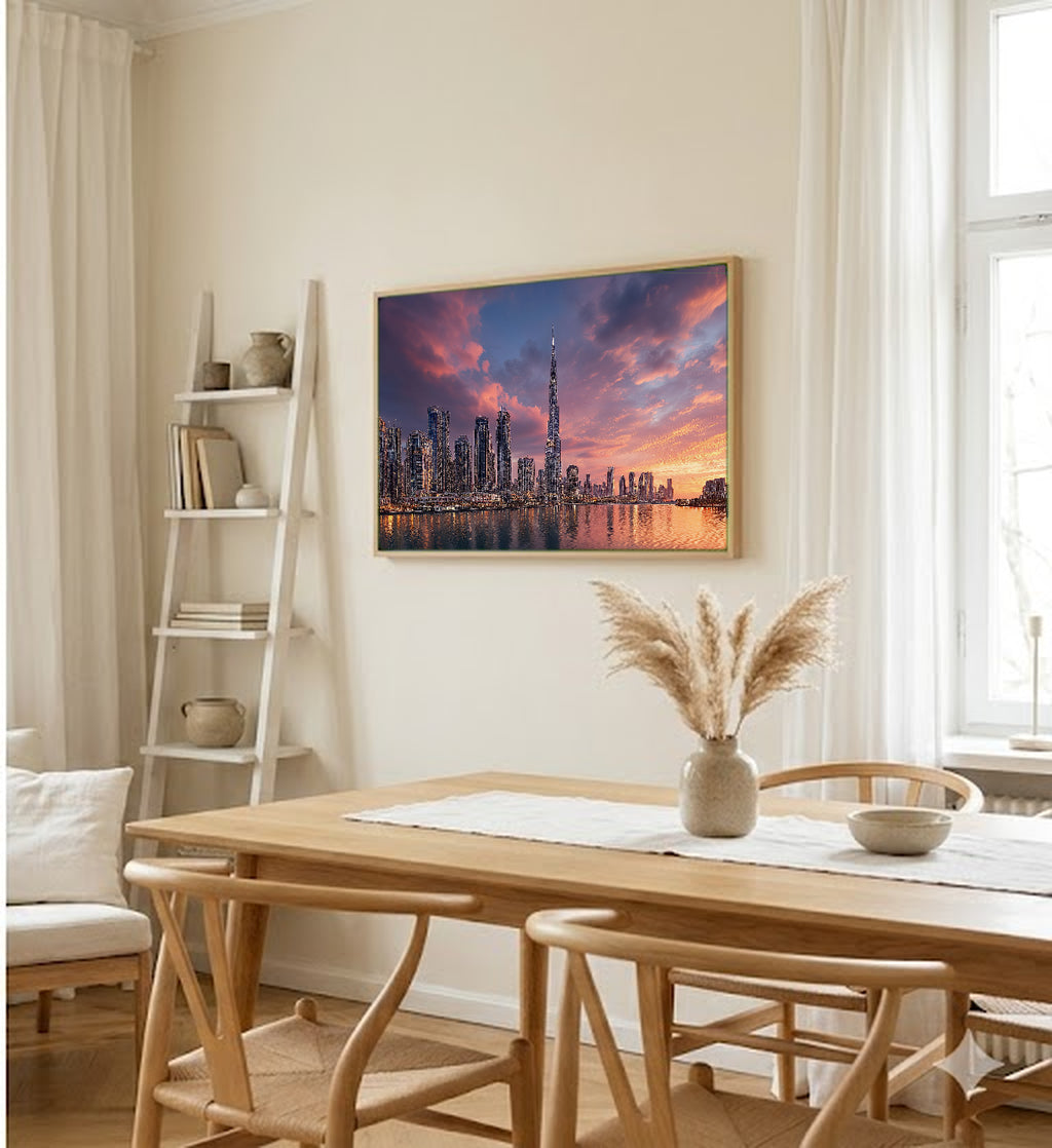 Dubai Skyline Canvas Wall Art | Gold City Print, Modern Architecture, Urban Decor, Stretched Canvas — dubai skyline gold hallway wall art