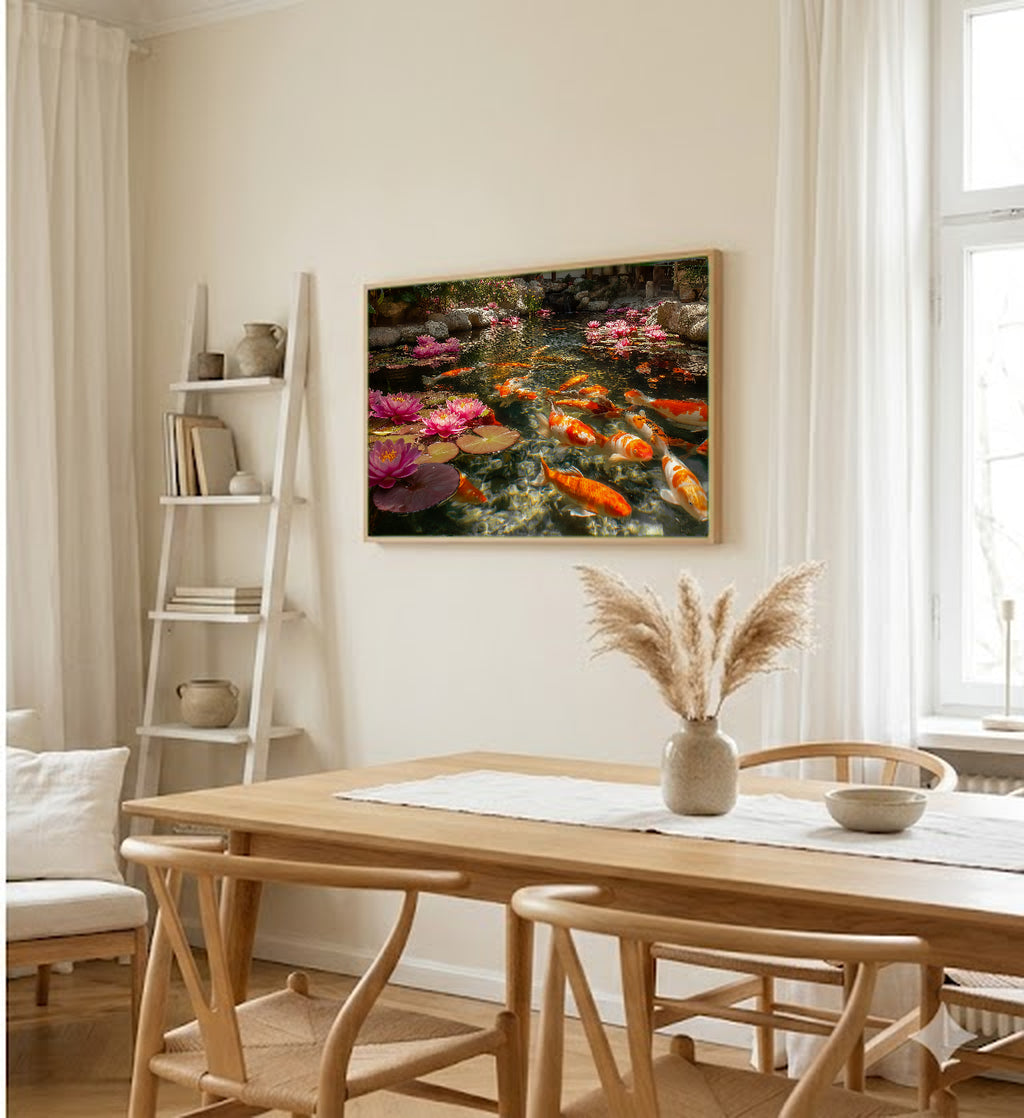 Koi Pond Canvas Wall Art | Lotus Flower Print, Japanese Water Garden, Zen Decor, Stretched Canvas — koi pond lotus hallway wall art