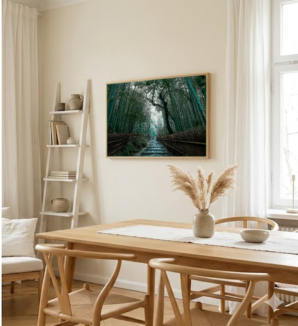 Bamboo Rain Canvas Wall Art | Kyoto Forest Print, Rainy Zen, Japanese Decor, Stretched Canvas — kyoto bamboo rain hallway wall art