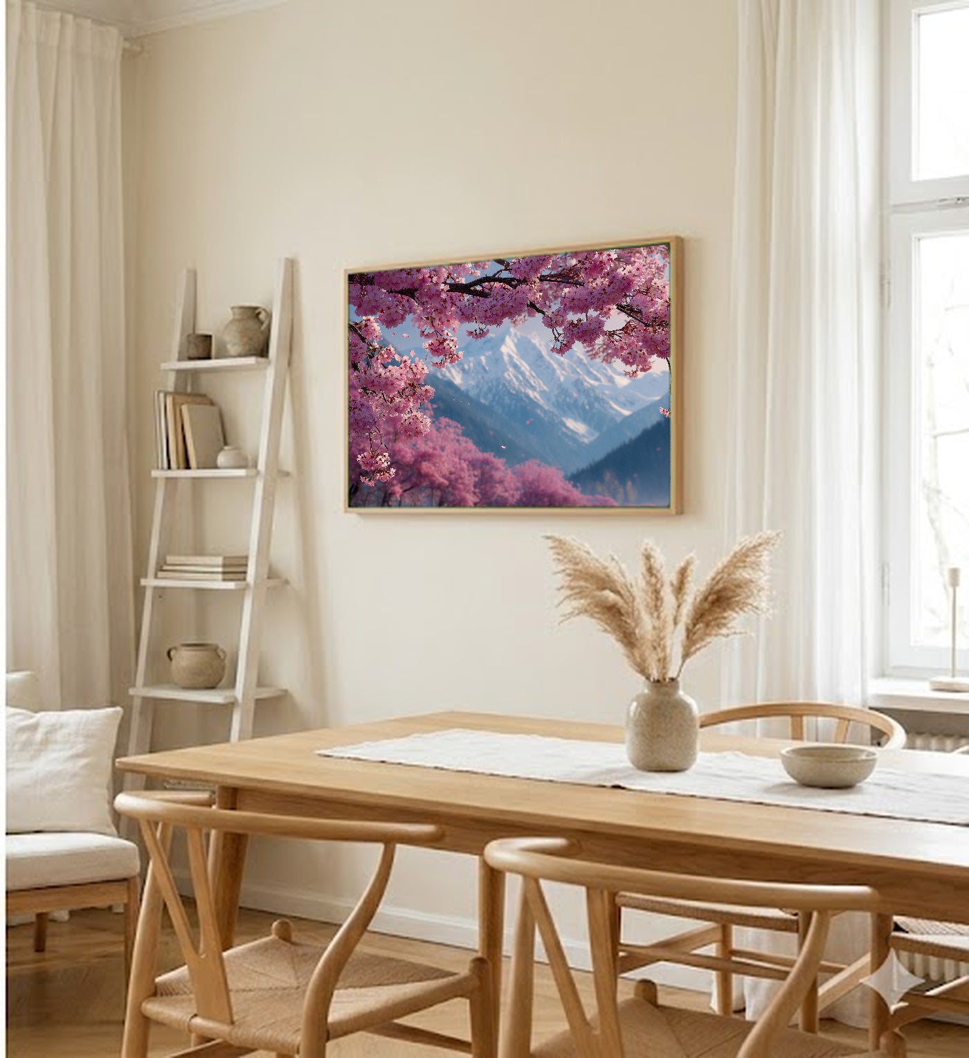 Cherry Mountain Canvas Wall Art | Pink Blossom Print, Spring Landscape, Floral Decor, Stretched Canvas — pink cherry mountain hallway wall art