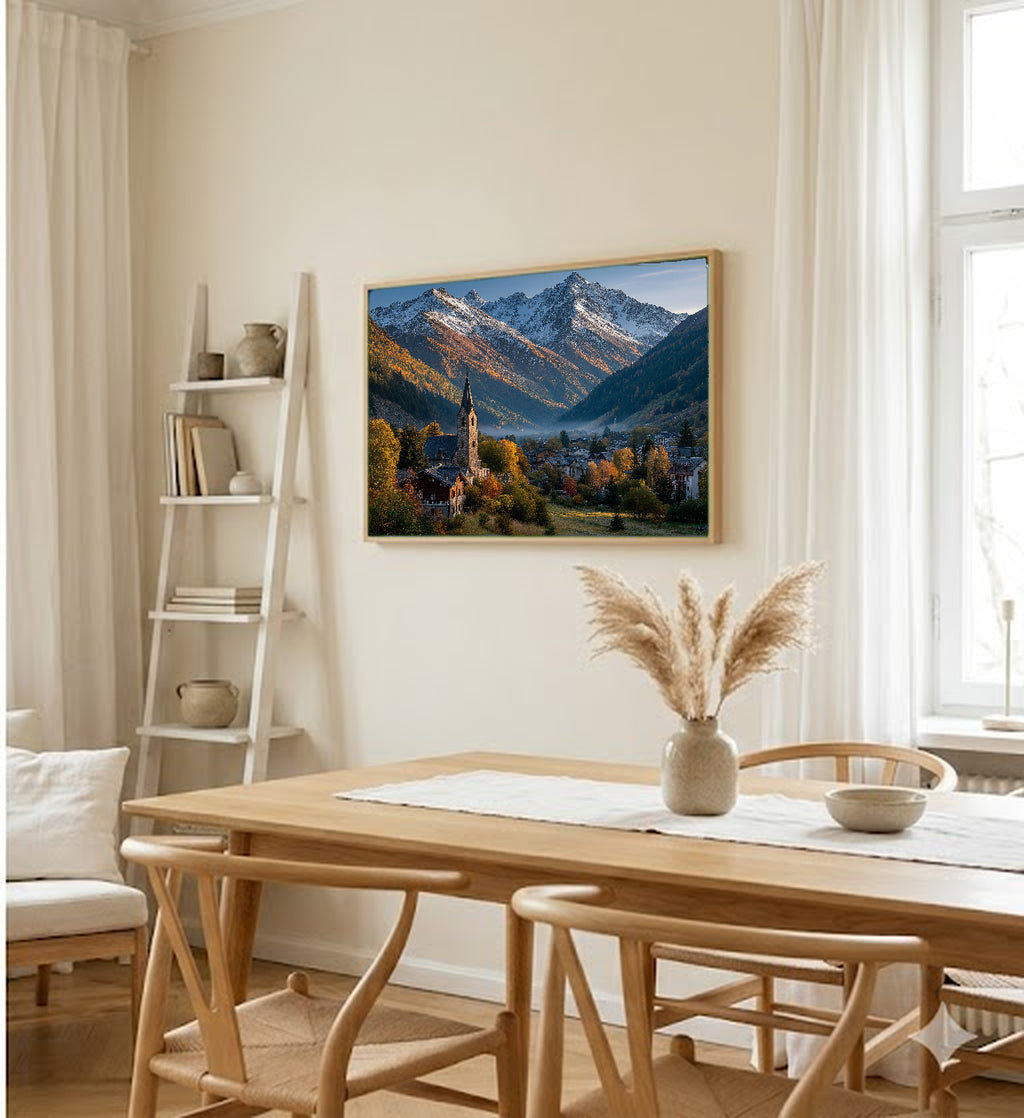 Swiss Village Canvas Wall Art | Autumn Alps Print, Mountain Town, European Decor, Stretched Canvas — swiss village autumn hallway wall art