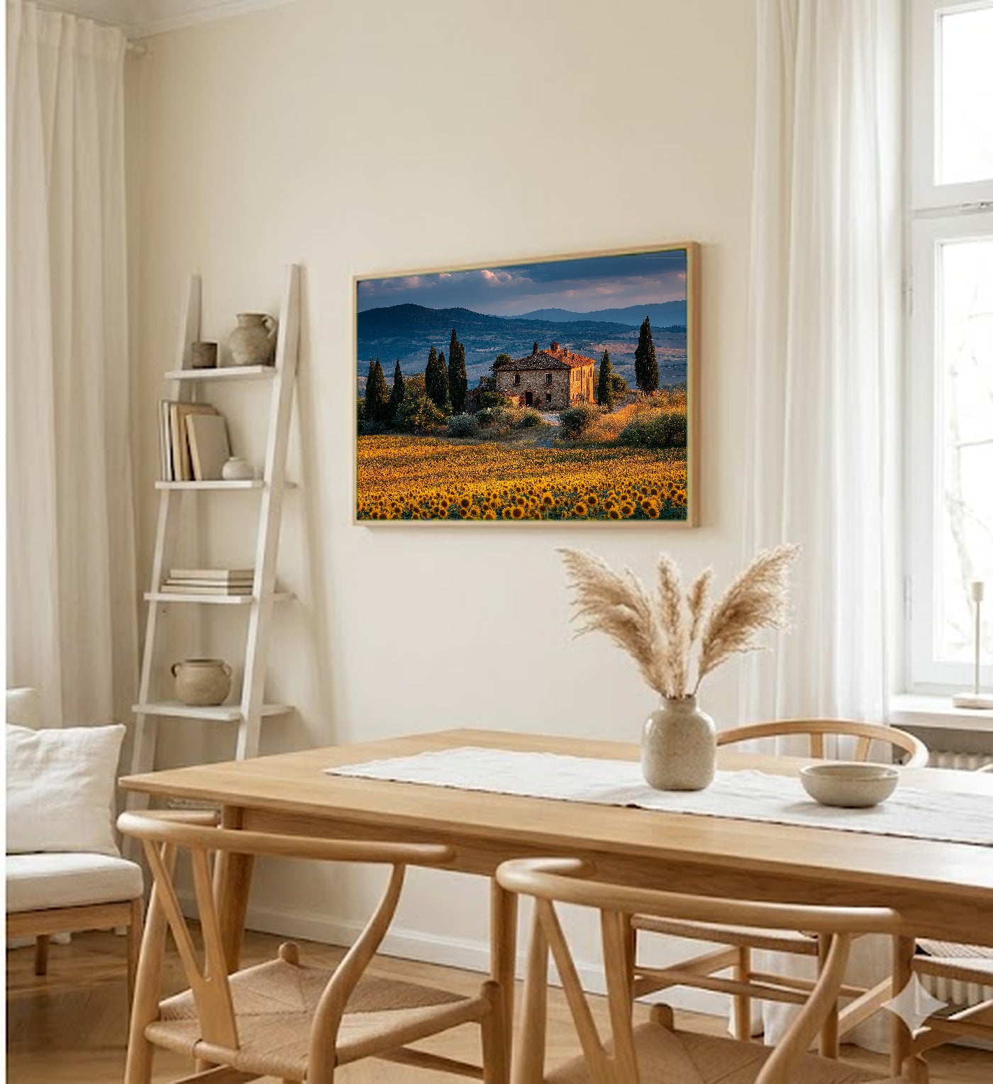 Tuscan Sunflower Canvas Wall Art | Italy Summer Print, Golden Field, Mediterranean Decor, Stretched Canvas — tuscan sunflower villa hallway wall art