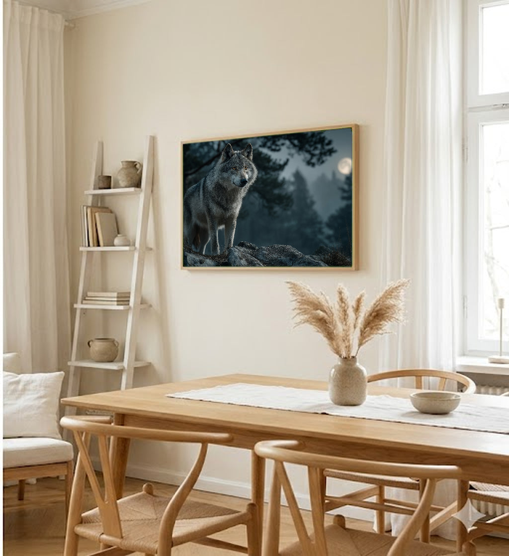 Wolf Canvas Wall Art | Moonlight Wildlife Print, Night Forest, Nature Decor, Stretched Canvas — wolf moonlight hallway wall art