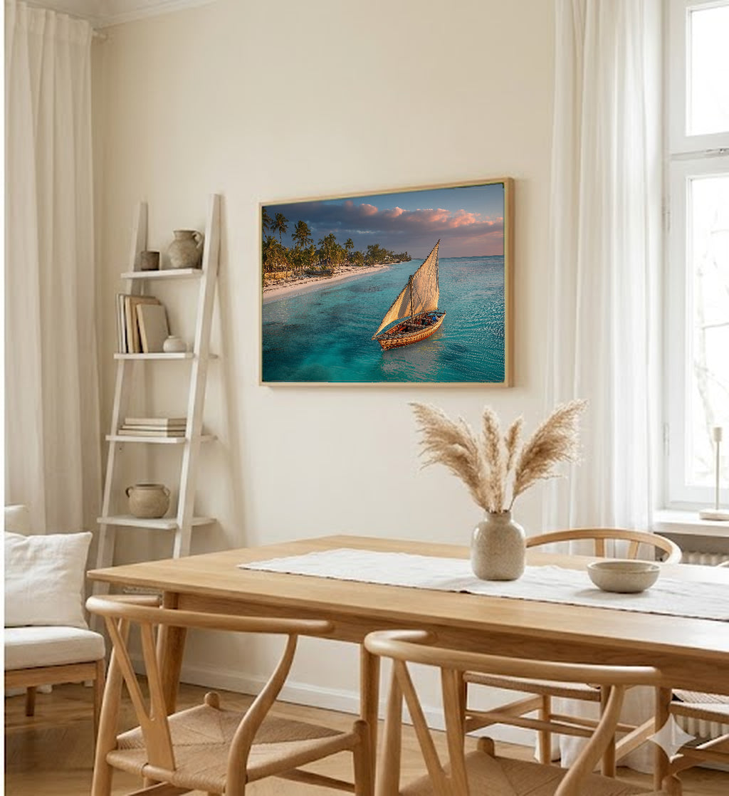 Zanzibar Beach Canvas Wall Art | Dhow Boat Print, African Coast, Tropical Decor, Stretched Canvas — zanzibar beach dhow hallway wall art