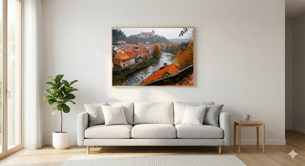 Cesky Krumlov Canvas Wall Art | Czech Republic Medieval Town Print, European Heritage, Stretched Canvas — czech-cesky-krumlov-living-room-wall-art.jpg