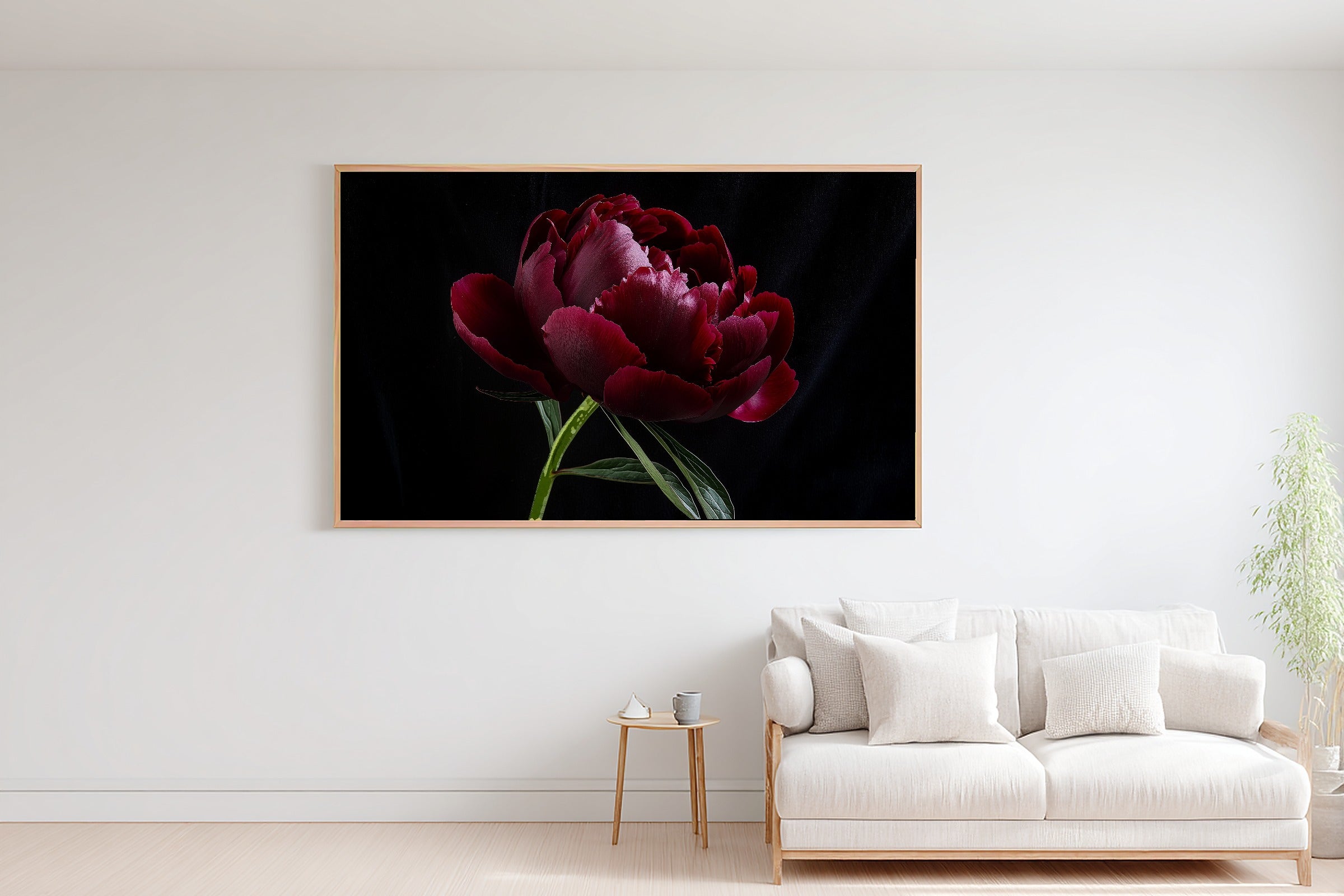 Soft Painterly Dark Peony Moody Floral Art Print — Timeless Decor for the Living Room, Stretched Canvas the Art Lover in Your Life Will Love — dark-peony-moody-floral-bedroom-wall-art.jpg