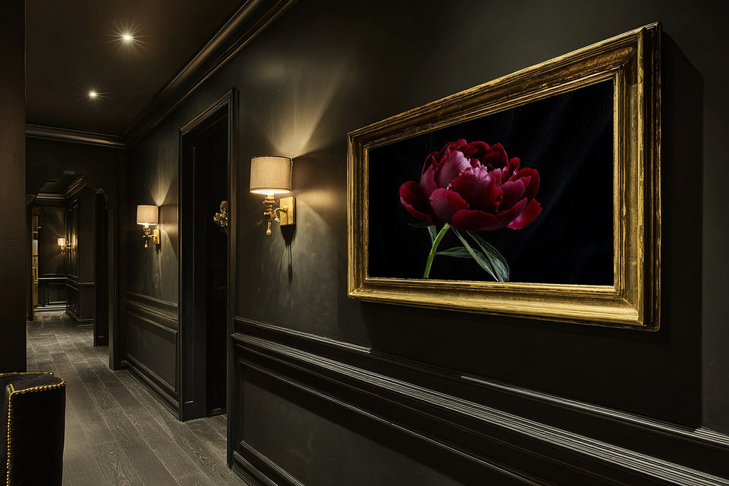 Soft Painterly Dark Peony Moody Floral Art Print — Timeless Decor for the Living Room, Stretched Canvas the Art Lover in Your Life Will Love — dark-peony-moody-floral-hallway-wall-art.jpg