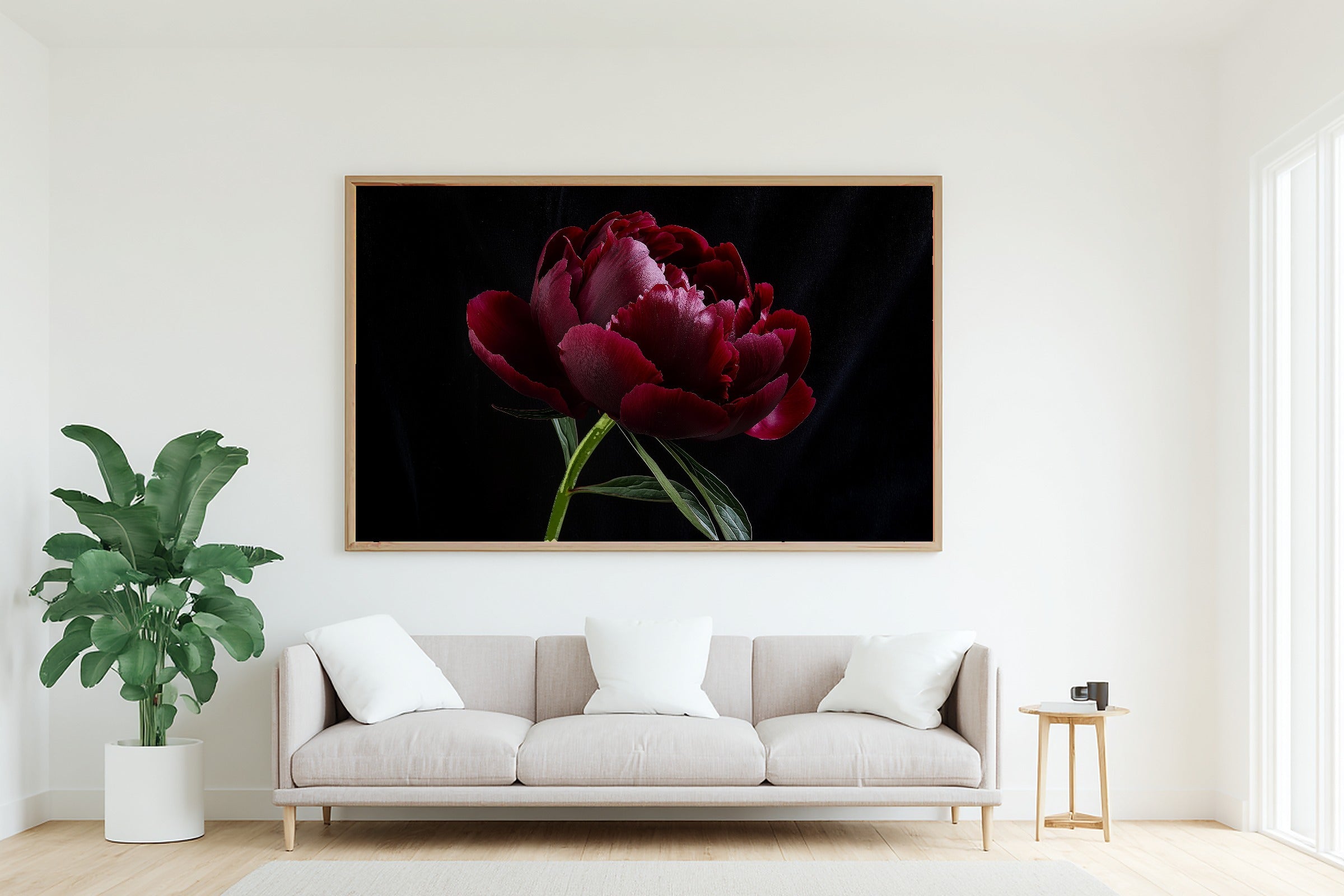 Soft Painterly Dark Peony Moody Floral Art Print — Timeless Decor for the Living Room, Stretched Canvas the Art Lover in Your Life Will Love — dark-peony-moody-floral-living-room-wall-art.jpg