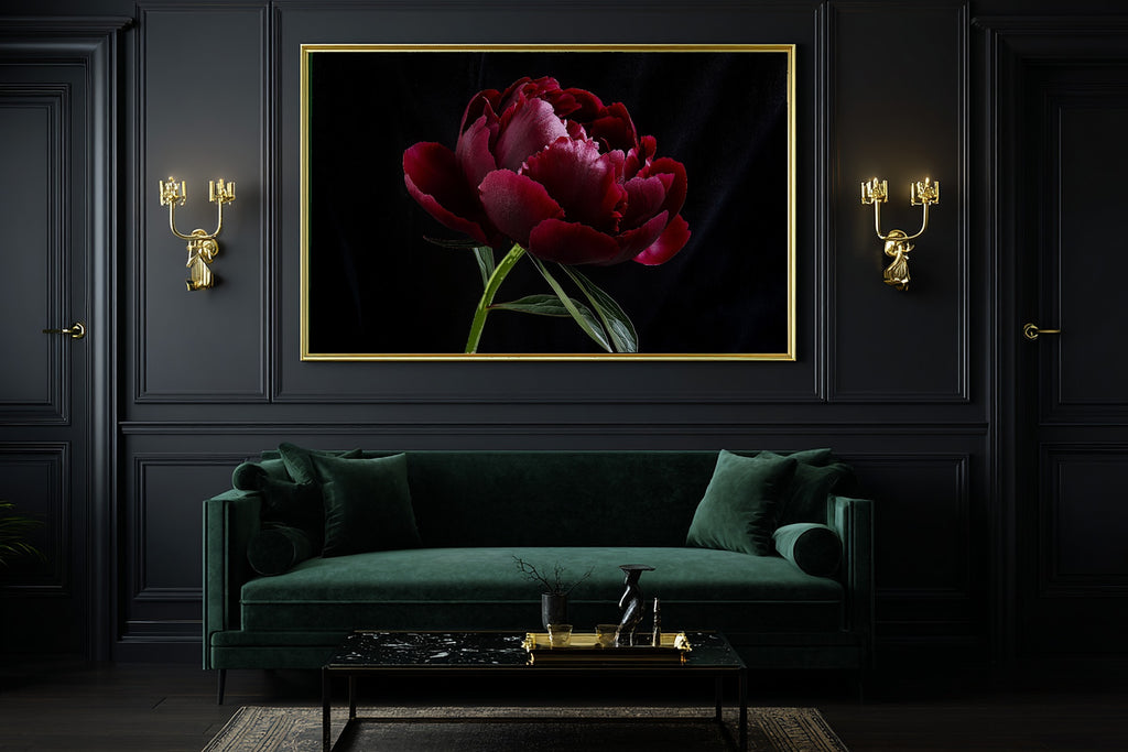 Soft Painterly Dark Peony Moody Floral Art Print — Timeless Decor for the Living Room, Stretched Canvas the Art Lover in Your Life Will Love — dark-peony-moody-floral-office-wall-art.jpg