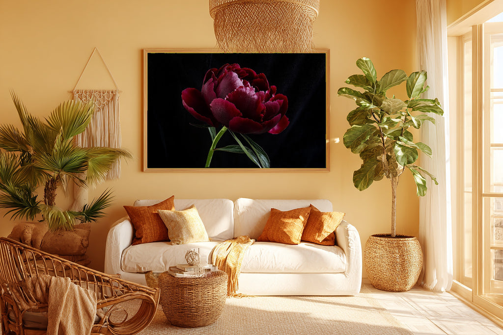Soft Painterly Dark Peony Moody Floral Art Print — Timeless Decor for the Living Room, Stretched Canvas the Art Lover in Your Life Will Love — dark-peony-moody-floral-room-5-wall-art.jpg