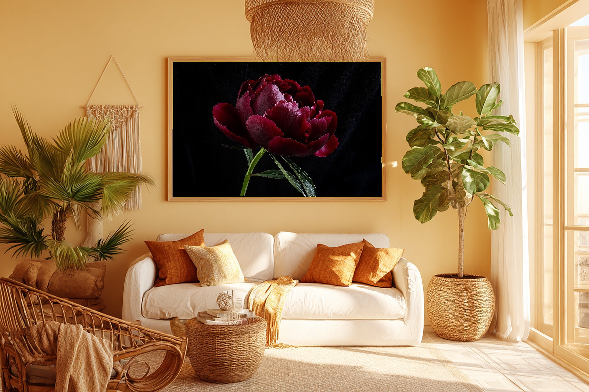 Soft Painterly Dark Peony Moody Floral Art Print — Timeless Decor for the Living Room, Stretched Canvas the Art Lover in Your Life Will Love — dark-peony-moody-floral-room-5-wall-art.jpg