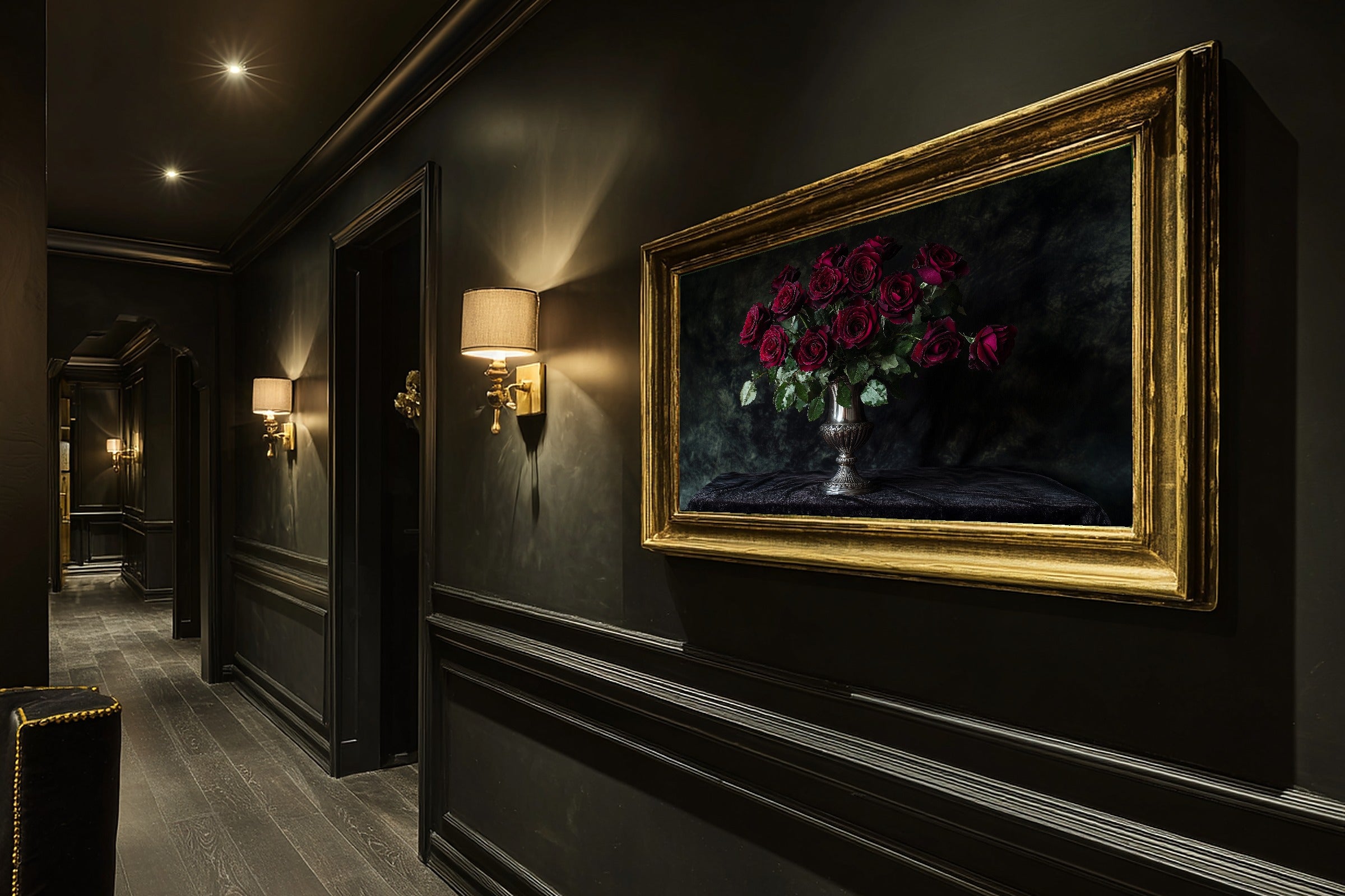 Dark Rose Bouquet Print on Stretched Canvas — Soulful Dreamy Timeless for the Living Room, Gift for the Art Lover in Your Life — dark-rose-bouquet-hallway-wall-art.jpg
