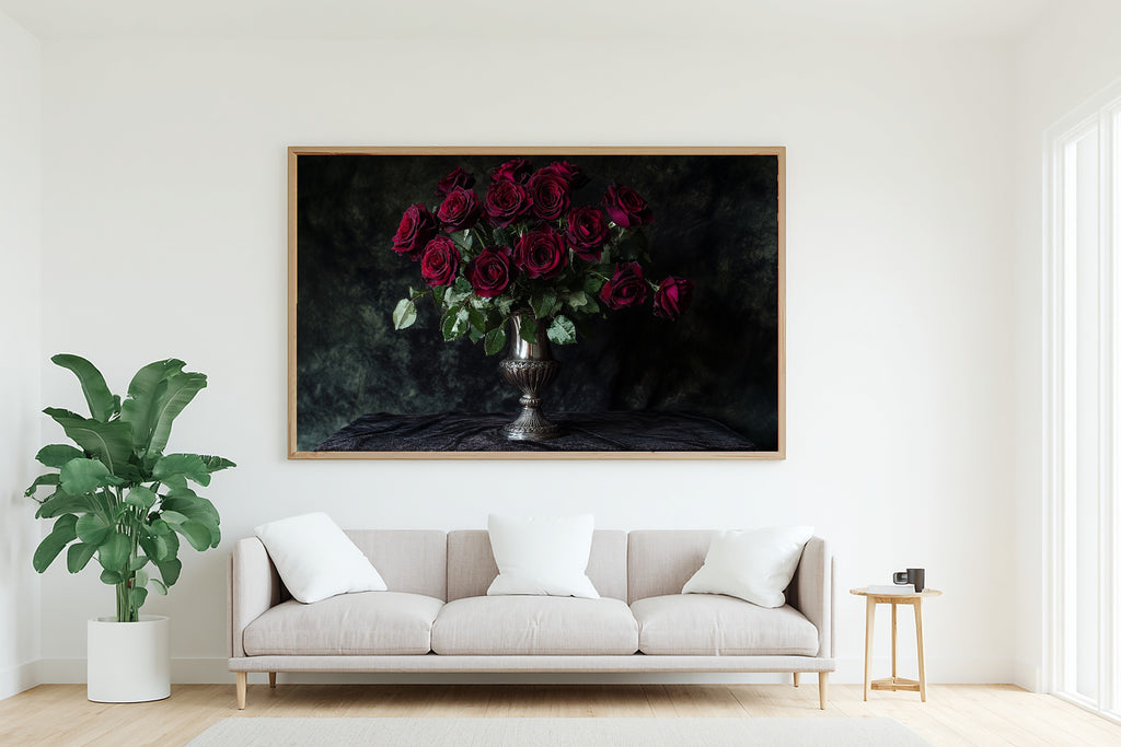 Dark Rose Bouquet Print on Stretched Canvas — Soulful Dreamy Timeless for the Living Room, Gift for the Art Lover in Your Life — dark-rose-bouquet-living-room-wall-art.jpg