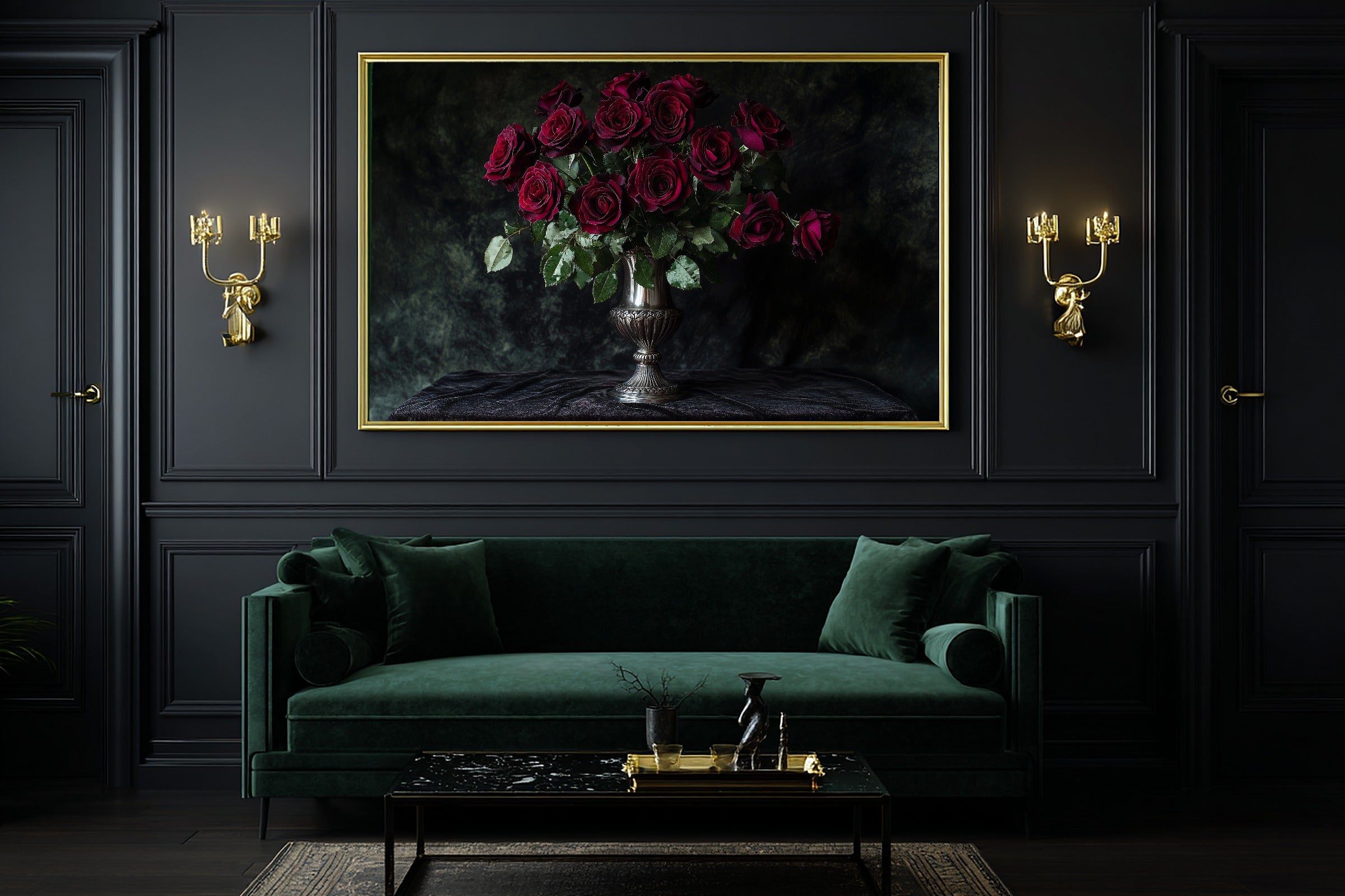 Dark Rose Bouquet Print on Stretched Canvas — Soulful Dreamy Timeless for the Living Room, Gift for the Art Lover in Your Life — dark-rose-bouquet-office-wall-art.jpg