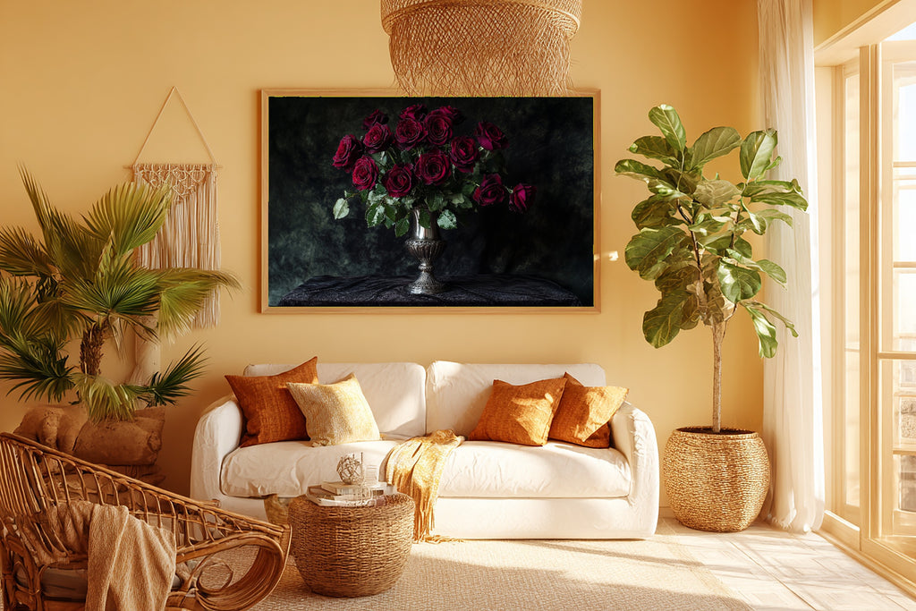 Dark Rose Bouquet Print on Stretched Canvas — Soulful Dreamy Timeless for the Living Room, Gift for the Art Lover in Your Life — dark-rose-bouquet-room-5-wall-art.jpg
