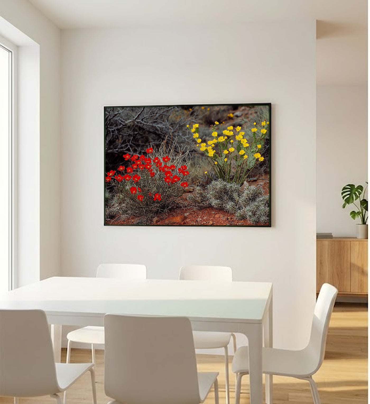 Desert Bloom Canvas Wall Art | Ocotillo Prickly Pear Print, Southwest Botanical Decor, Stretched Canvas — desert-bloom-ocotillo-bedroom-wall-art.jpg