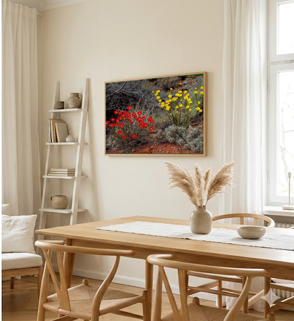 Desert Bloom Canvas Wall Art | Ocotillo Prickly Pear Print, Southwest Botanical Decor, Stretched Canvas — desert-bloom-ocotillo-dining-room-wall-art.jpg