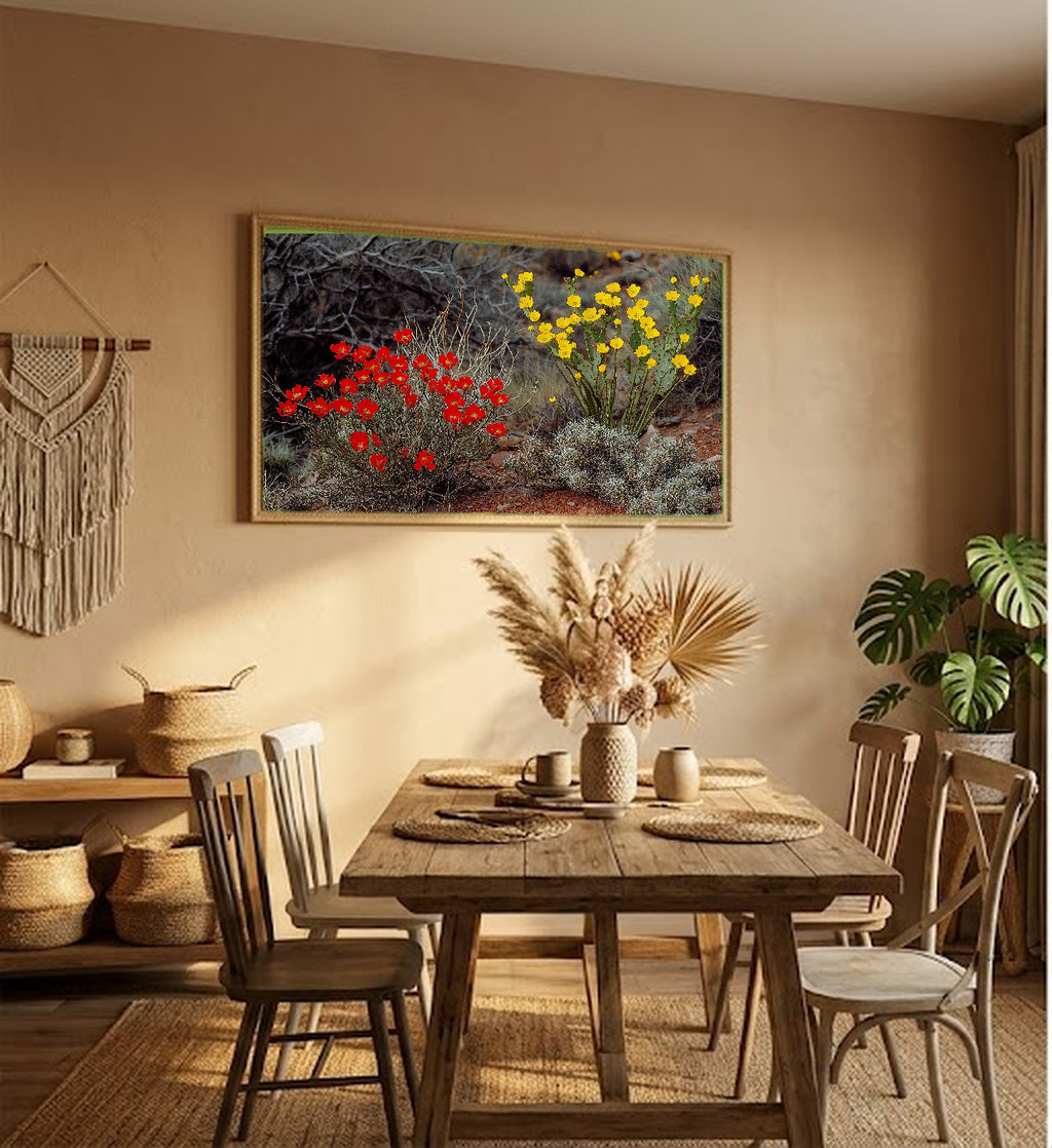 Desert Bloom Canvas Wall Art | Ocotillo Prickly Pear Print, Southwest Botanical Decor, Stretched Canvas — desert-bloom-ocotillo-hallway-wall-art.jpg