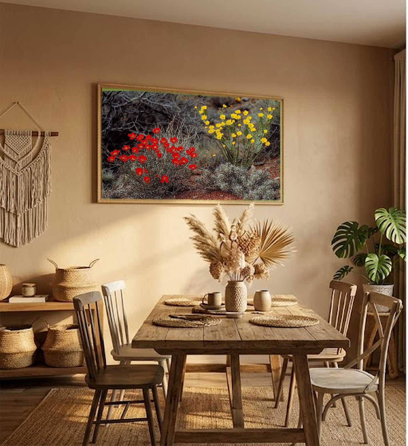Desert Bloom Canvas Wall Art | Ocotillo Prickly Pear Print, Southwest Botanical Decor, Stretched Canvas — desert-bloom-ocotillo-hallway-wall-art.jpg