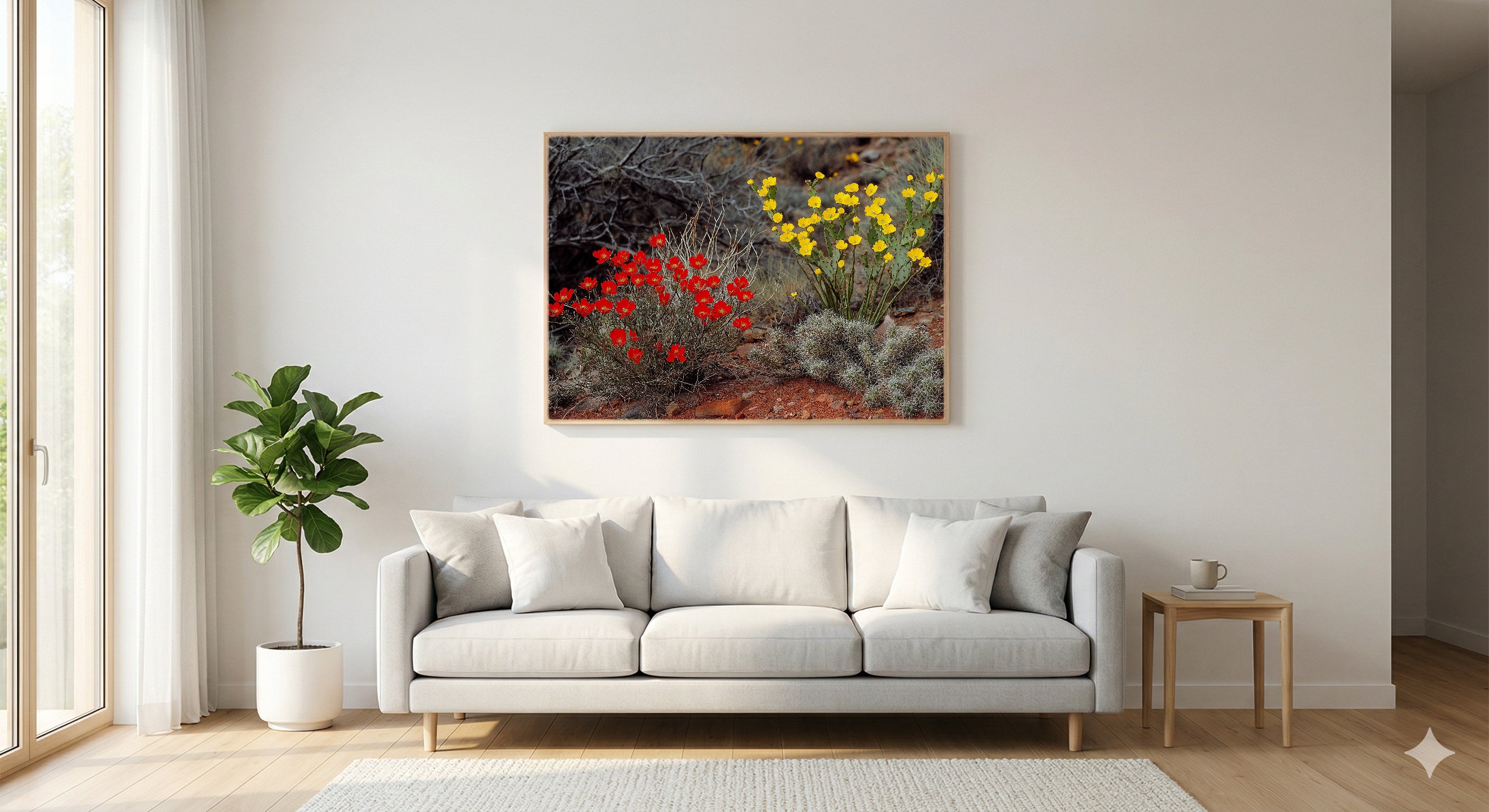 Desert Bloom Canvas Wall Art | Ocotillo Prickly Pear Print, Southwest Botanical Decor, Stretched Canvas — desert-bloom-ocotillo-living-room-wall-art.jpg