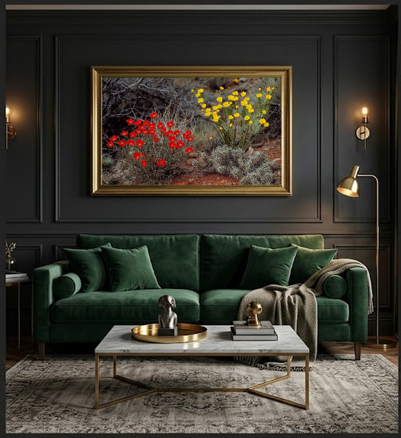 Desert Bloom Canvas Wall Art | Ocotillo Prickly Pear Print, Southwest Botanical Decor, Stretched Canvas — desert-bloom-ocotillo-office-wall-art.jpg