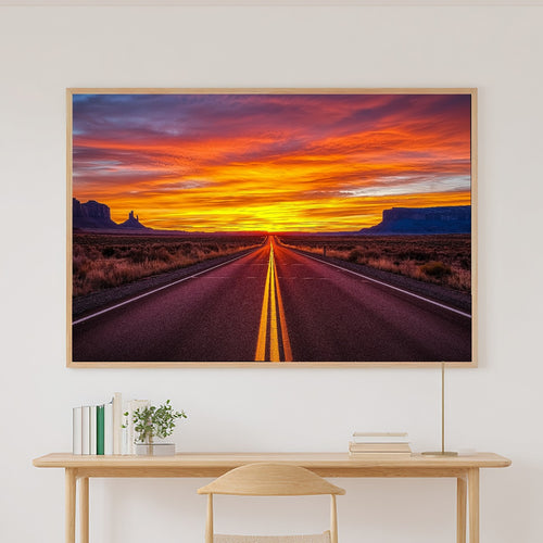 A Dreamy Desert Road Sunset Soft Painterly Print — Cozy Wall Art for the Living Room, Giclée on Canvas — desert-road-sunset-canvas-print.jpg