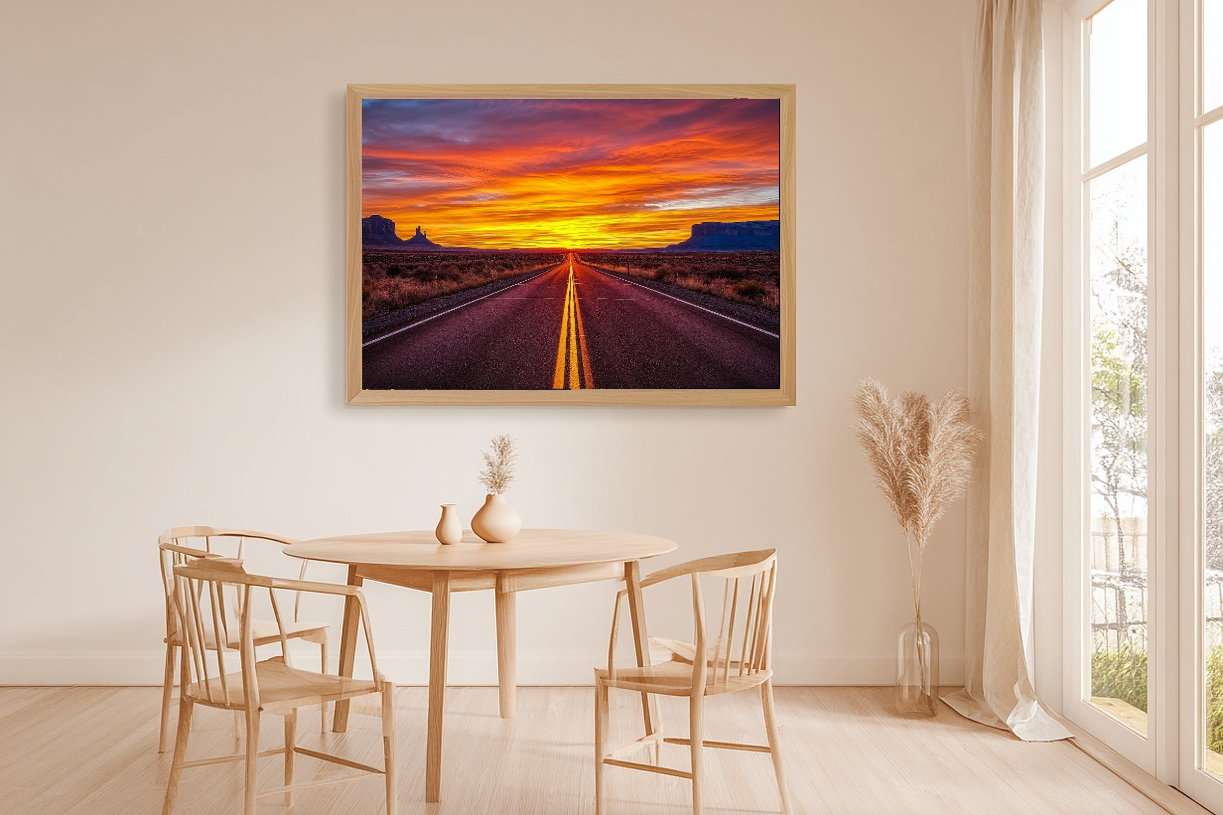 A Dreamy Desert Road Sunset Soft Painterly Print — Cozy Wall Art for the Living Room, Giclée on Canvas — desert-road-sunset-dining-room-wall-art.jpg