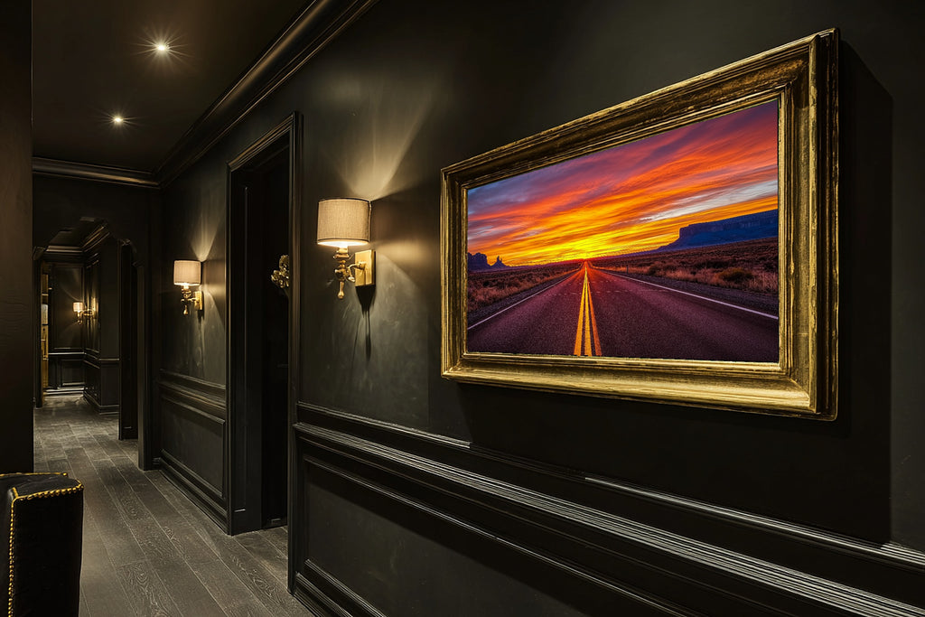 A Dreamy Desert Road Sunset Soft Painterly Print — Cozy Wall Art for the Living Room, Giclée on Canvas — desert-road-sunset-hallway-wall-art.jpg