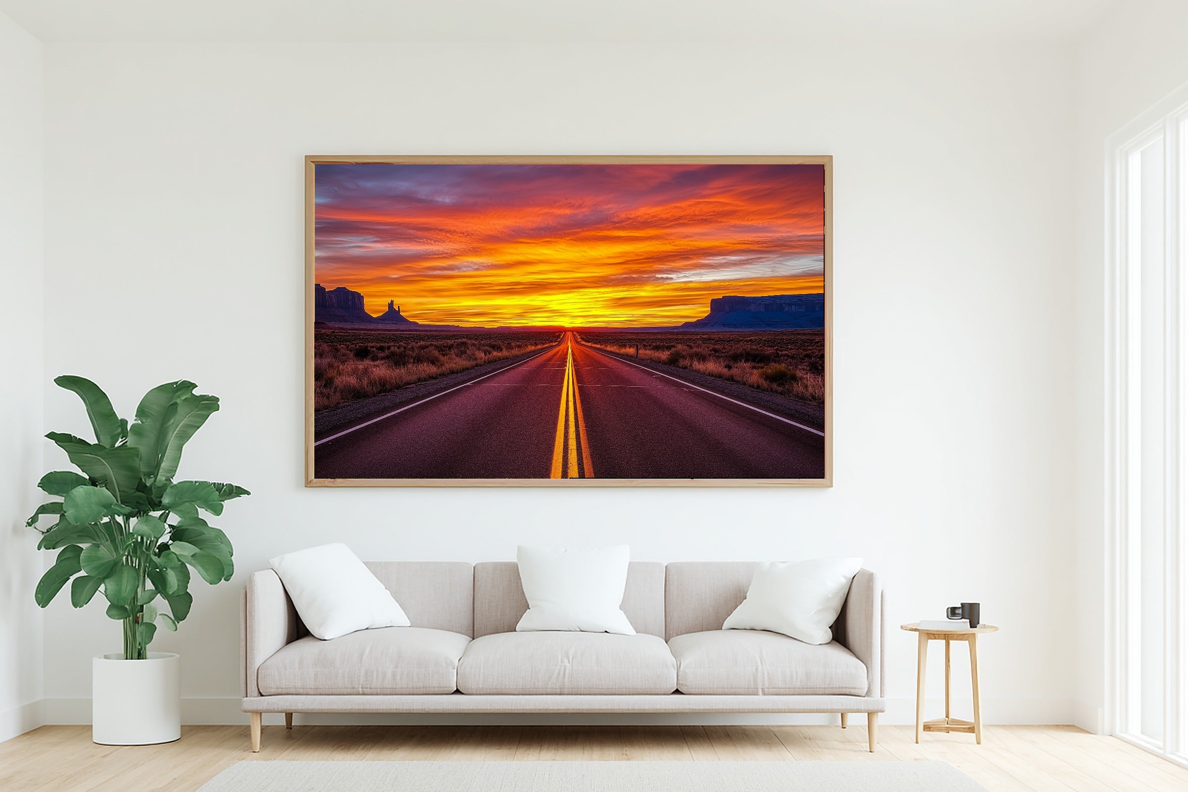 A Dreamy Desert Road Sunset Soft Painterly Print — Cozy Wall Art for the Living Room, Giclée on Canvas — desert-road-sunset-living-room-wall-art.jpg