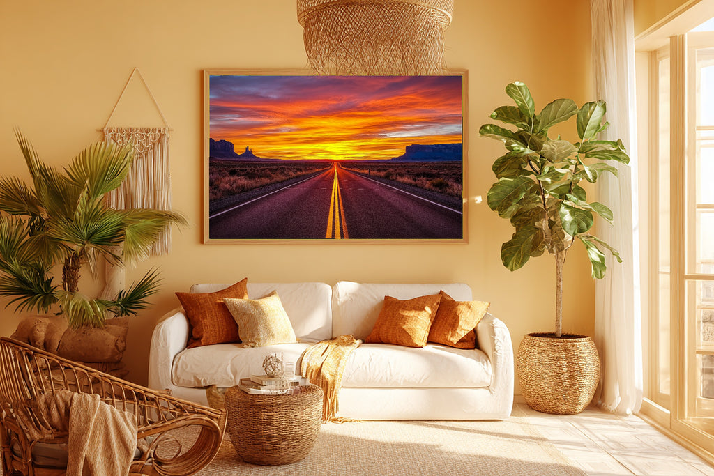 A Dreamy Desert Road Sunset Soft Painterly Print — Cozy Wall Art for the Living Room, Giclée on Canvas — desert-road-sunset-room-5-wall-art.jpg